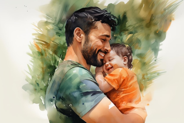 Latin father and son hugging against green watercolor painted background Ai generated