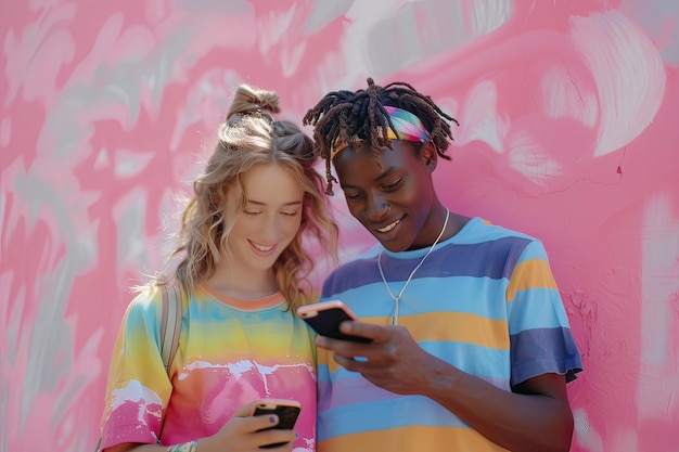 Латинские друзья смотрят на мобильный телефон розовый фон на стене генеративный ИИ