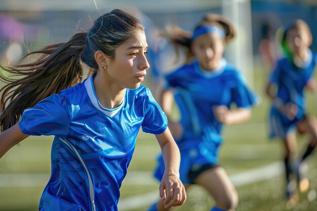 晴れた日にジャージのTシャツを着て野外でフットボールをしているラテン系の女の子