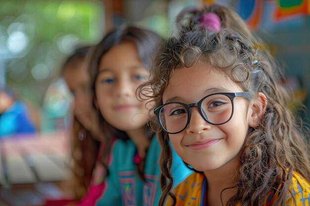 Latin girl with eyeglasses sitting at school class looking at camera Generative AI