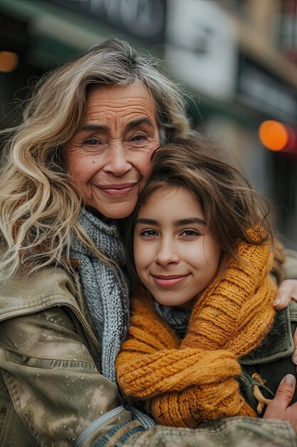 Latin grandmother and granddaughter hug outdoors looking at the camera Generative AI