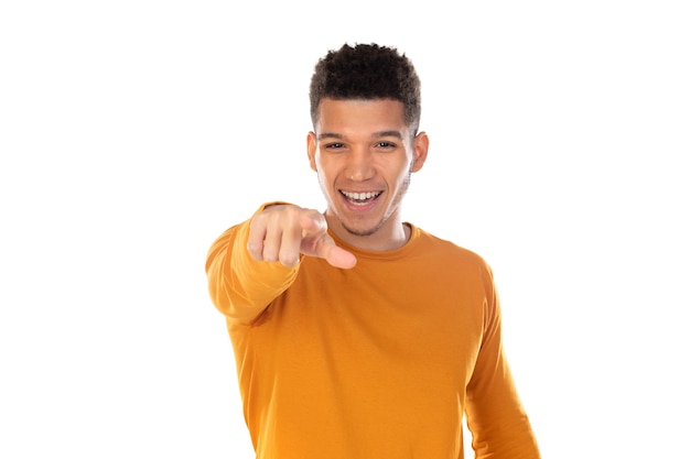 Latin guy with short afro hair isolated on white background