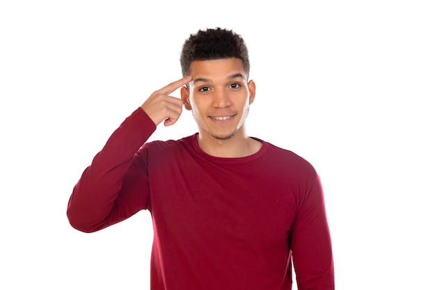 Latin guy with short afro hair isolated on white background