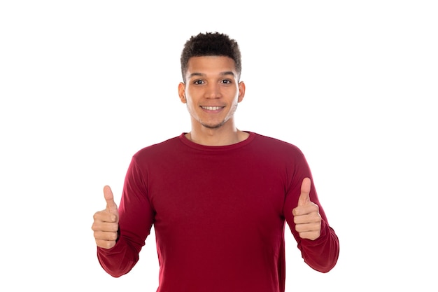 Latin guy with short afro hair isolated on white background