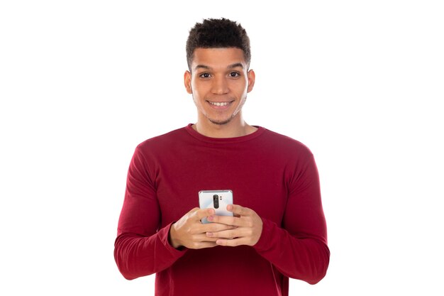 Latin guy with short afro hair isolated on white background