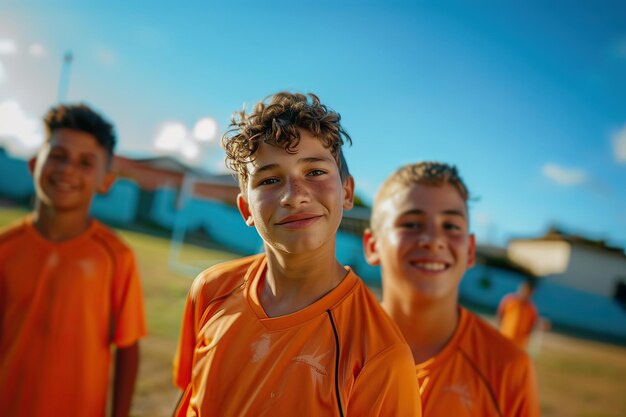 Latin kids outdoors at football field wearing jersey tshirt on a sunny day Generative AI