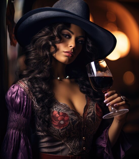 Latin lady with a glass wine Authentic cultural dress an expressive eye a beautiful portrait