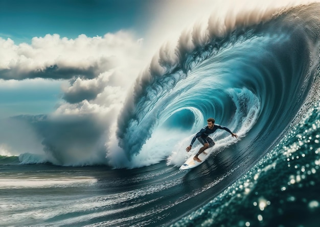 Photo a latin man is surfing riding a wave in the ocean