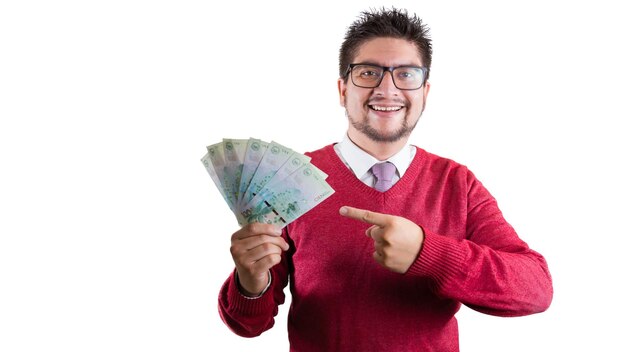 Latin man pointing Colombian money red sack businessman or entrepreneur on white background