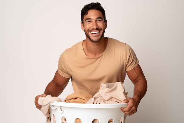 Latin man with a laundry basket smiling on white background