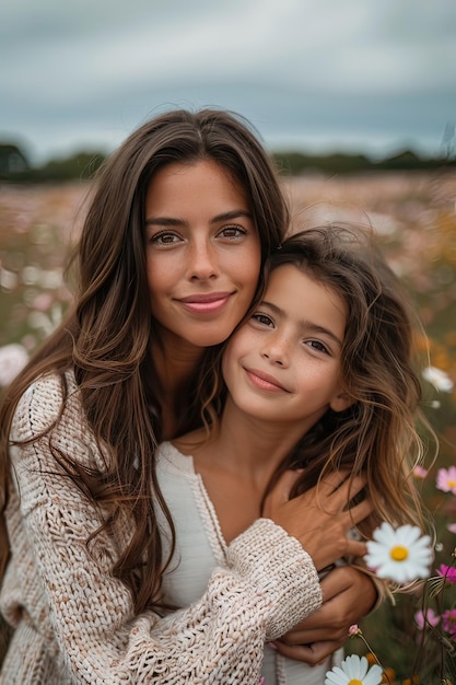 Foto madre e figlia latine si abbracciano in un campo di fiori guardando la telecamera ai generativa