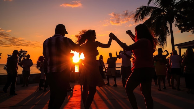 Latin party dancing salsa bachata kizomba on the beach at sunset AI image