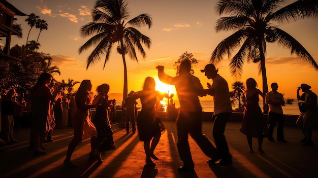 Latin party dancing salsa bachata kizomba on the beach at sunset AI image