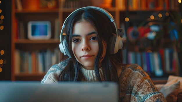 The Latin teenager wears headphones to attend an online class through video communication with her remote instructor