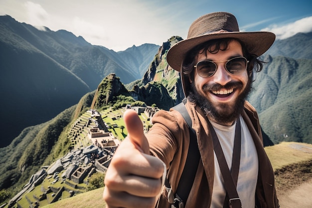 Latin tourist on Machu Picchu with thumbs up Peru