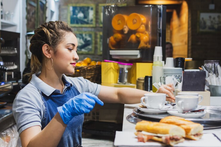 फोटो latin waitress prepares the tray to serve the coffees at the tables