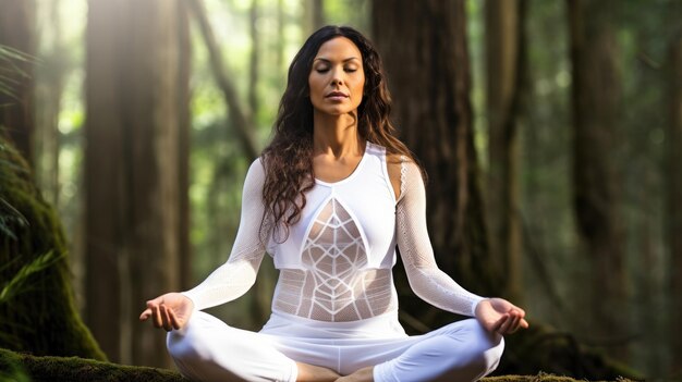 Foto donna latina in posizione di loto che medita