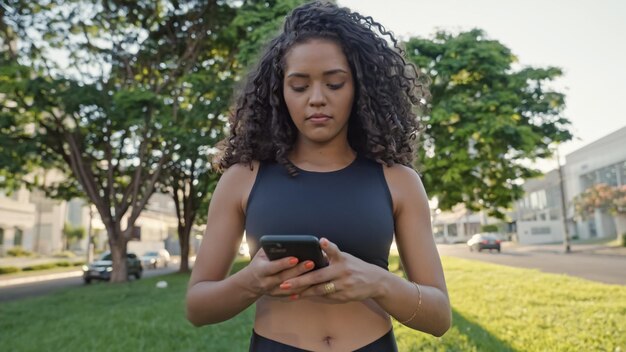 Latin woman using smartphone in the park. Brazilian girl.