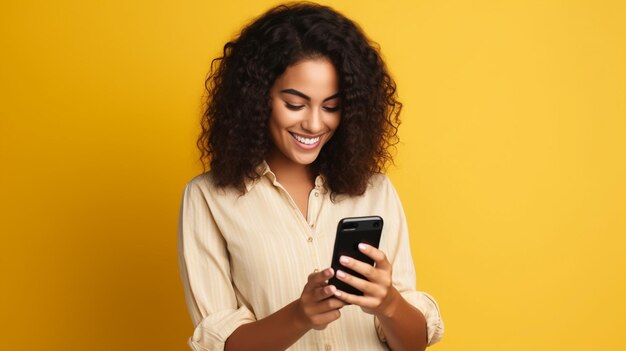白いTシャツを着たラテン系女性が黄色い背景に隔離されたスマートフォンを見ている携帯電話を持っています