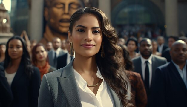 Latina in business suit surrounded by generations of latina women ancestors including aztec women