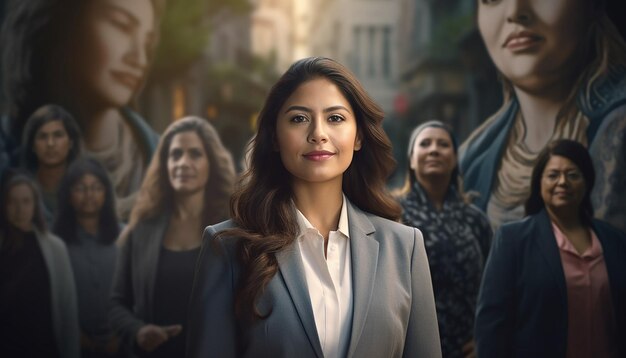 Latina in business suit surrounded by generations of latina women ancestors including aztec women