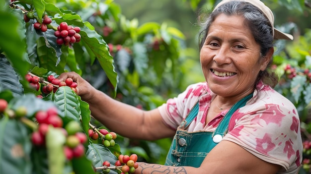 라틴계 농부 가 조심스럽게 커피 체리를 수확 한다