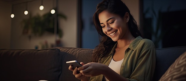 Latina girl happily using phone in living room at night