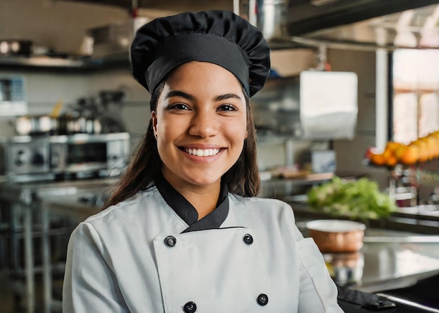 Latina young chef woman wearing the uniform chef smiling