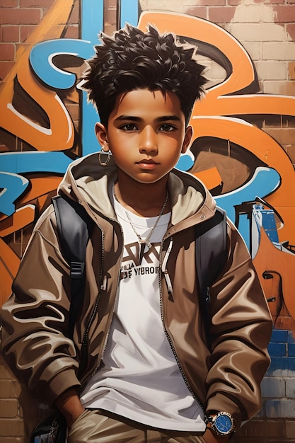 写真 グラフィティアートの前に立つラテン系の少年