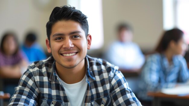 Photo latino male college student sitting a classroom smiling