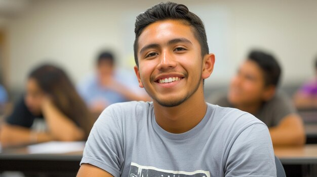 라틴계 남성 대학생이 웃는 교실에 앉아 있습니다.