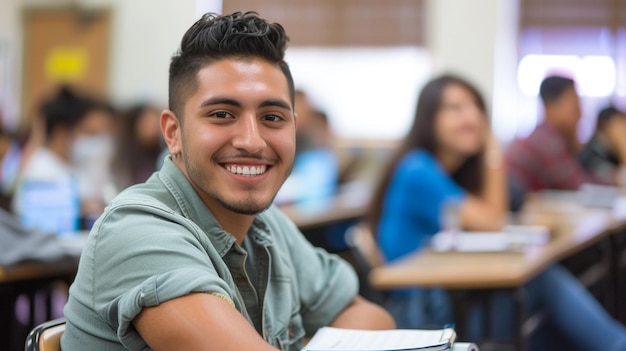 Photo latino male college student sitting a classroom smiling