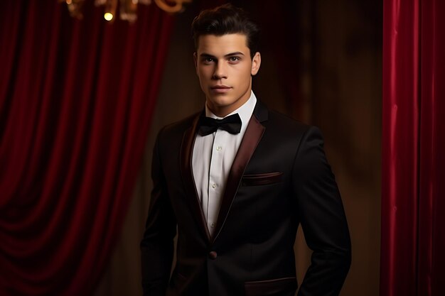 A Latino man in a classic tuxedo standing before a luxurious velvet curtain