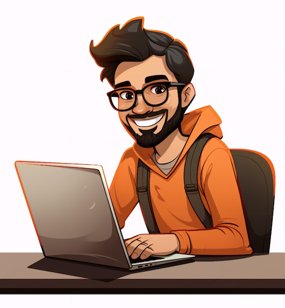 Foto latino man met baard en bril die met een laptop aan een bureau werkt