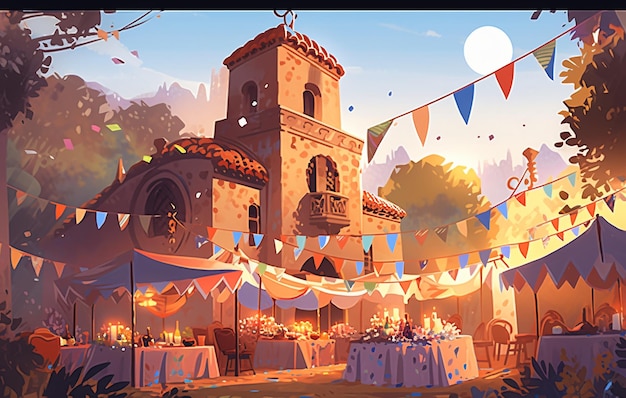 Latino village celebration of a festival festa junina or cinco de mayo background game illustration