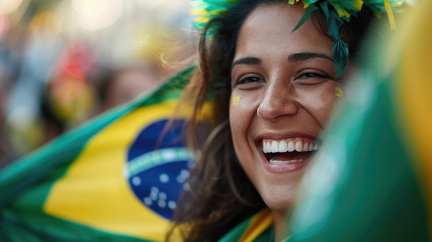 Foto latino vrouw steunt braziliaanse voetbalfan met vlag en glimlach