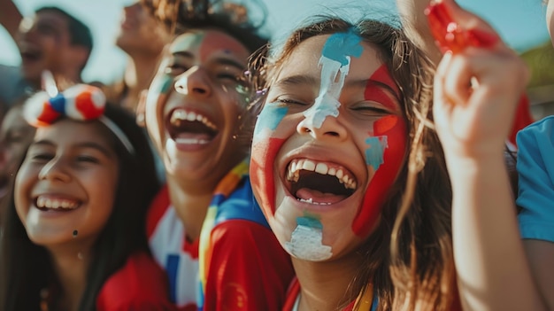 Foto la famiglia latinx applaude il loro membro più giovane a una partita di calcio i loro volti dipinti con i colori della squadra che irradiano pura gioia e sostegno