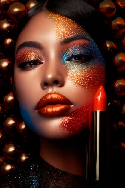 Foto latinx-model met rode lippen en veelkleurige glittermake-up detail generatieve ai