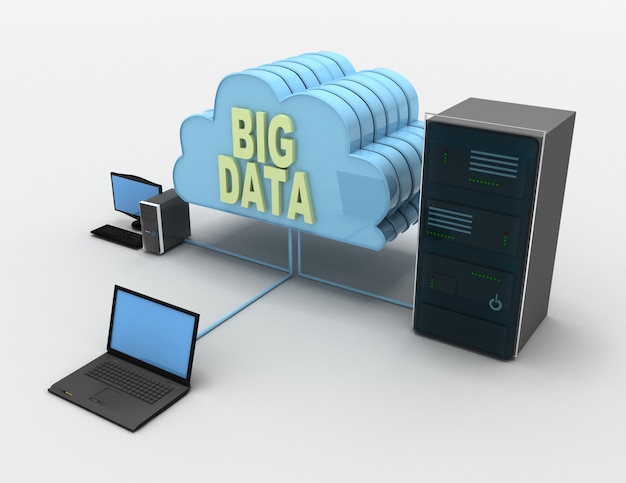 cloud.big 데이터 개념에 연결된 Latop, 컴퓨터 및 서버. 3d 렌더링된 그림