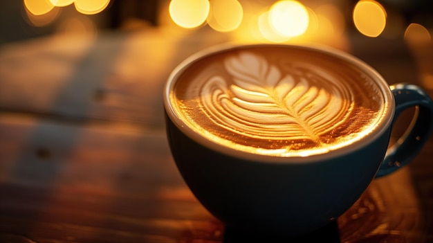 Latte art on coffee in a blue cup