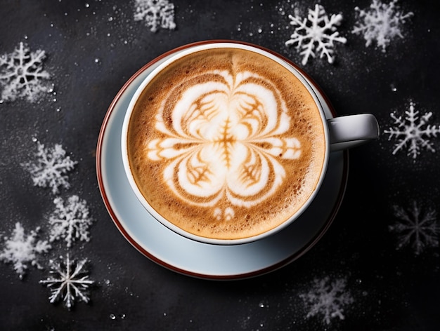 Latte art koffiebeker met sneeuwvlokken kunst kerst winter warme drank concept