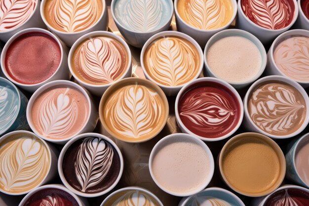 Foto disegni artistici di latte su più tazze di caffè allineate