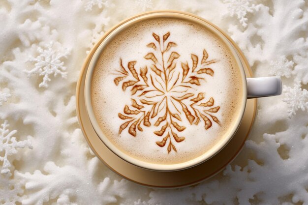 Photo latte art of a snowflake design drawn with powdered sugar