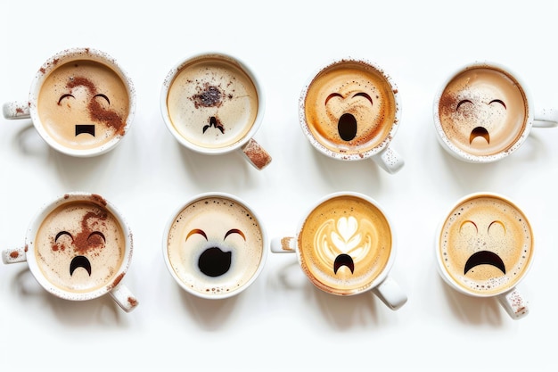 Latte art with faces in different cups