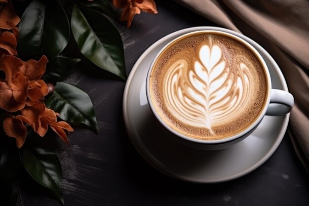 Latte coffee on abstract mat metal table