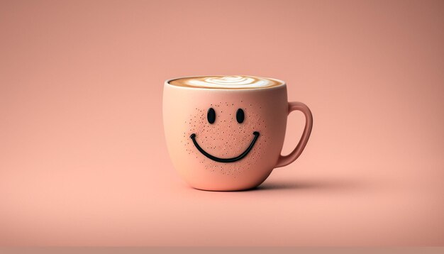 Latte coffee in a cup minimalism smile pink background Generative AI