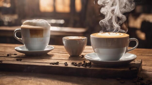 Latte coffee cup on wooden table with steam international coffee day