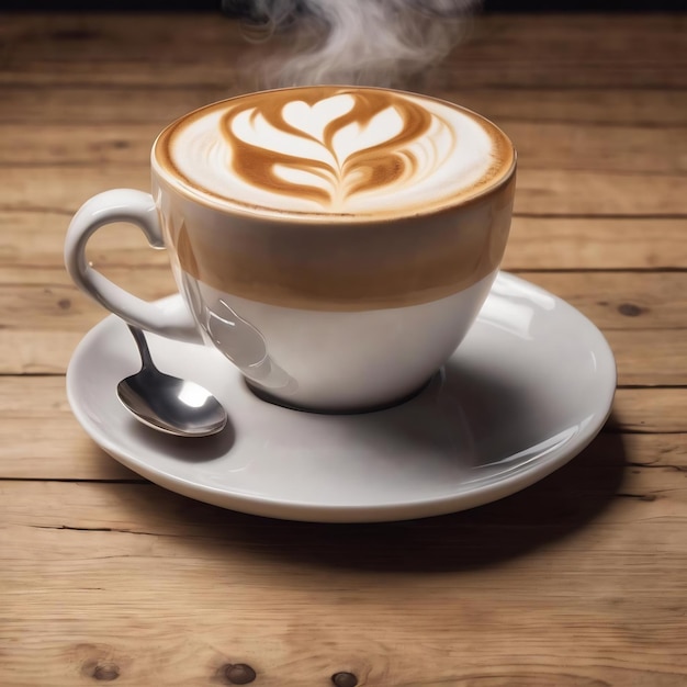 국제 커피 날 에 증기 를 은 나무 테이블 에 있는 라테 커피 컵