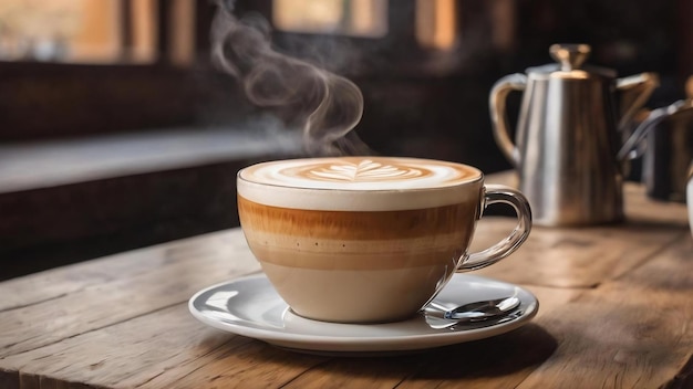 国際コーヒーデー蒸気のある木製のテーブル上のラテコーヒーカップ