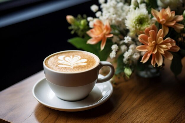 Foto una tazza di latte posta accanto a un bouquet di fiori